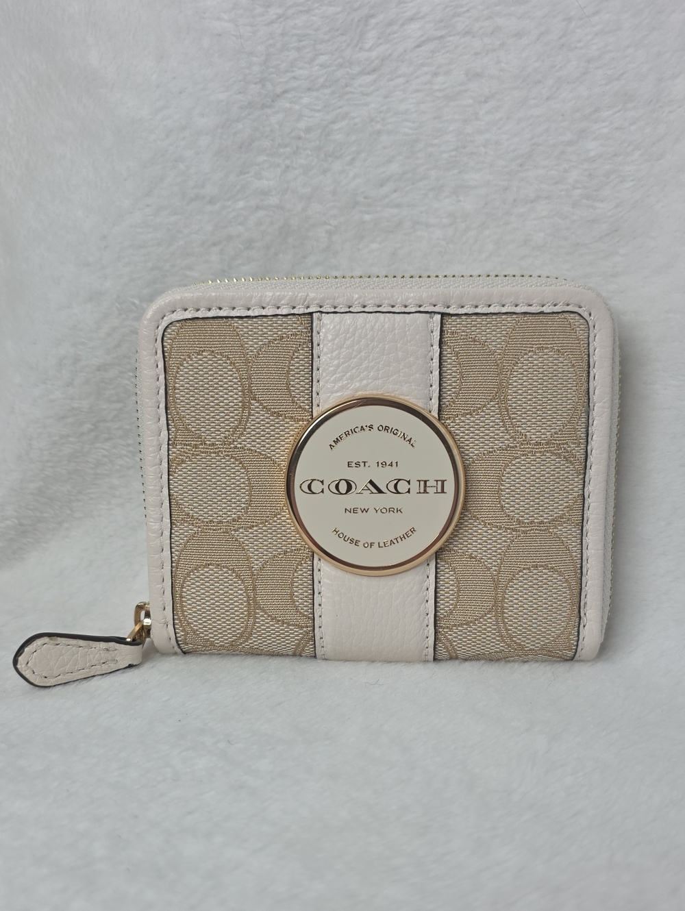 Coach Beige Signature Zip Card Wallet with Cream Trim and Gold Medallion